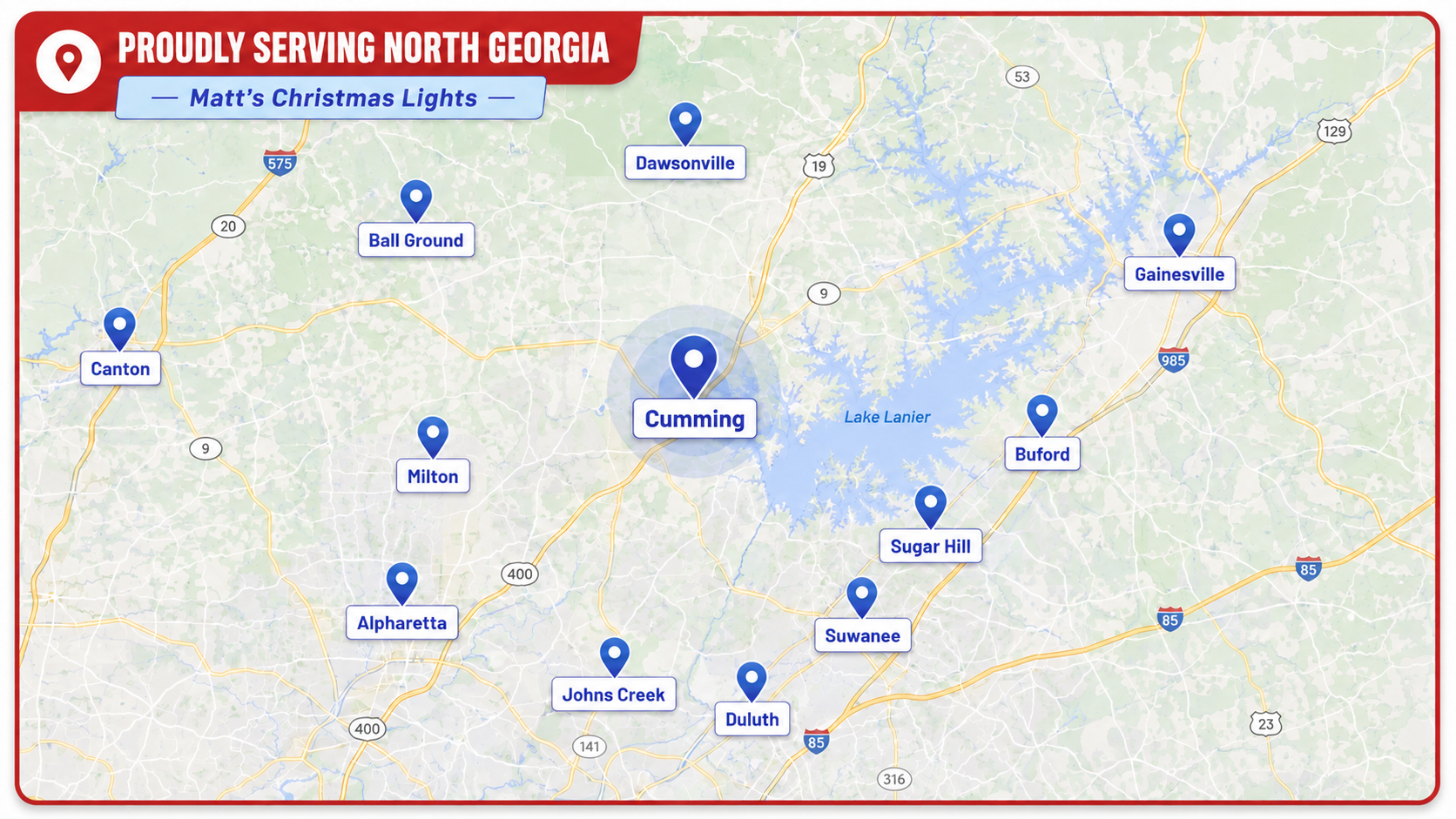 Map of the North Georgia service area with pins on Cumming, Alpharetta, Milton, Suwanee, Sugar Hill, Buford, Canton, Ball Ground, Johns Creek, Duluth, Dawsonville and Gainesville
